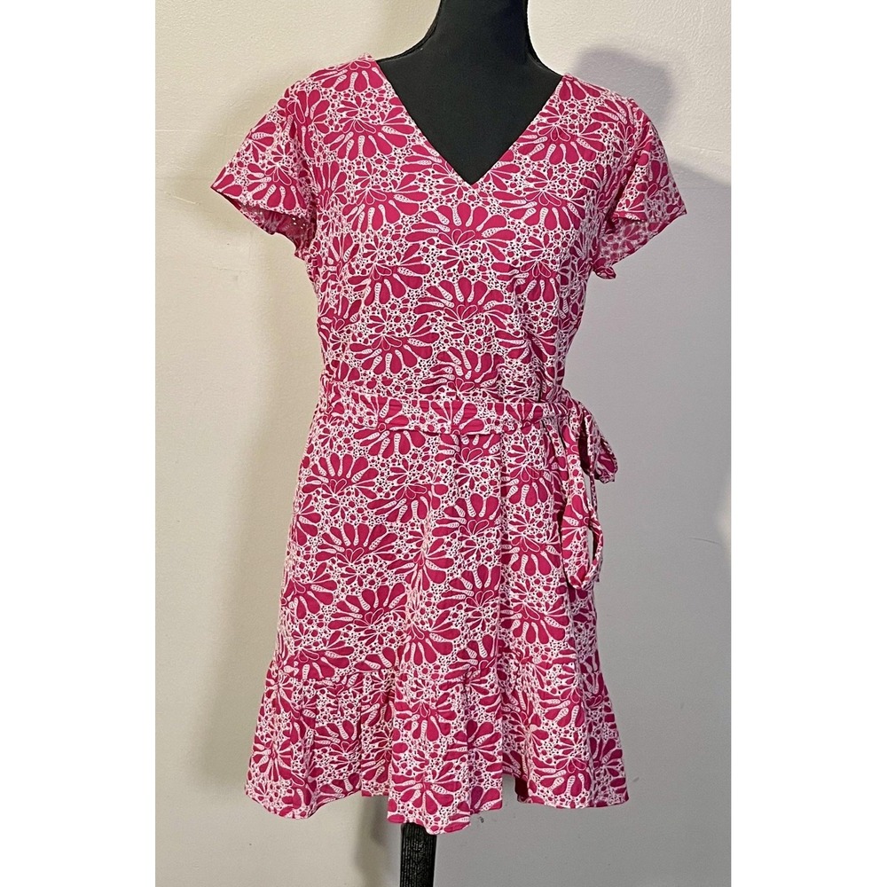 LOFT Dress Womens 12 Pink White Floral V Neck Fit & Flare Tie‎ Waist Ruffle Hem